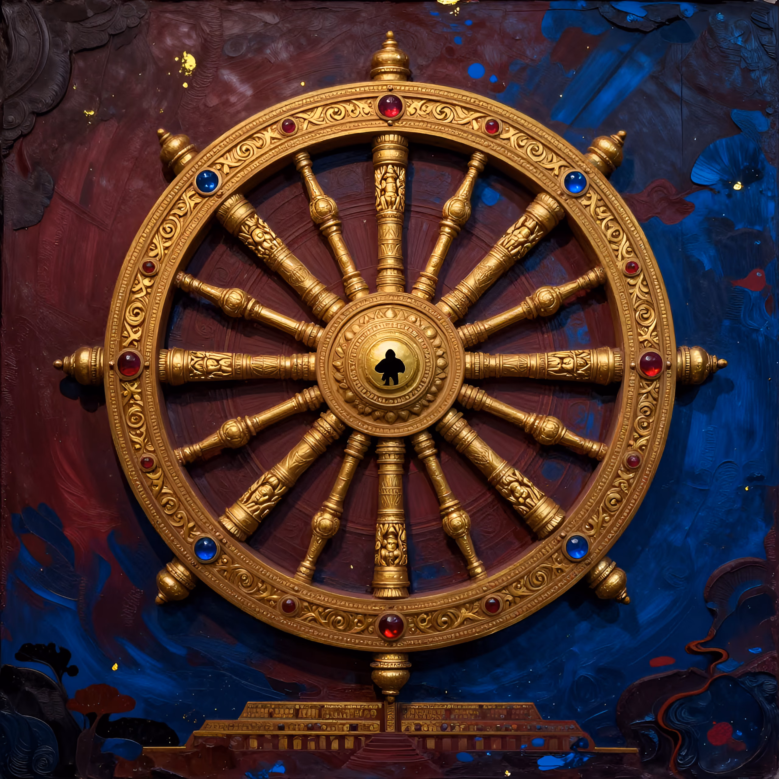 The wheel of samsara, rendered as a painted cosmology.