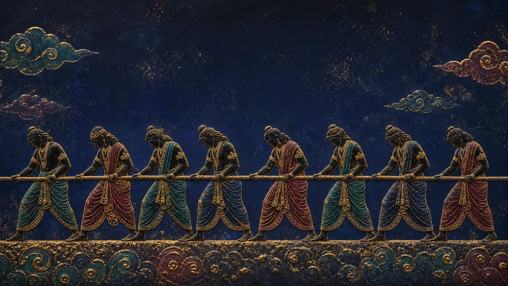 A procession of guardian figures rendered in indigo, jewel colors, and gold
