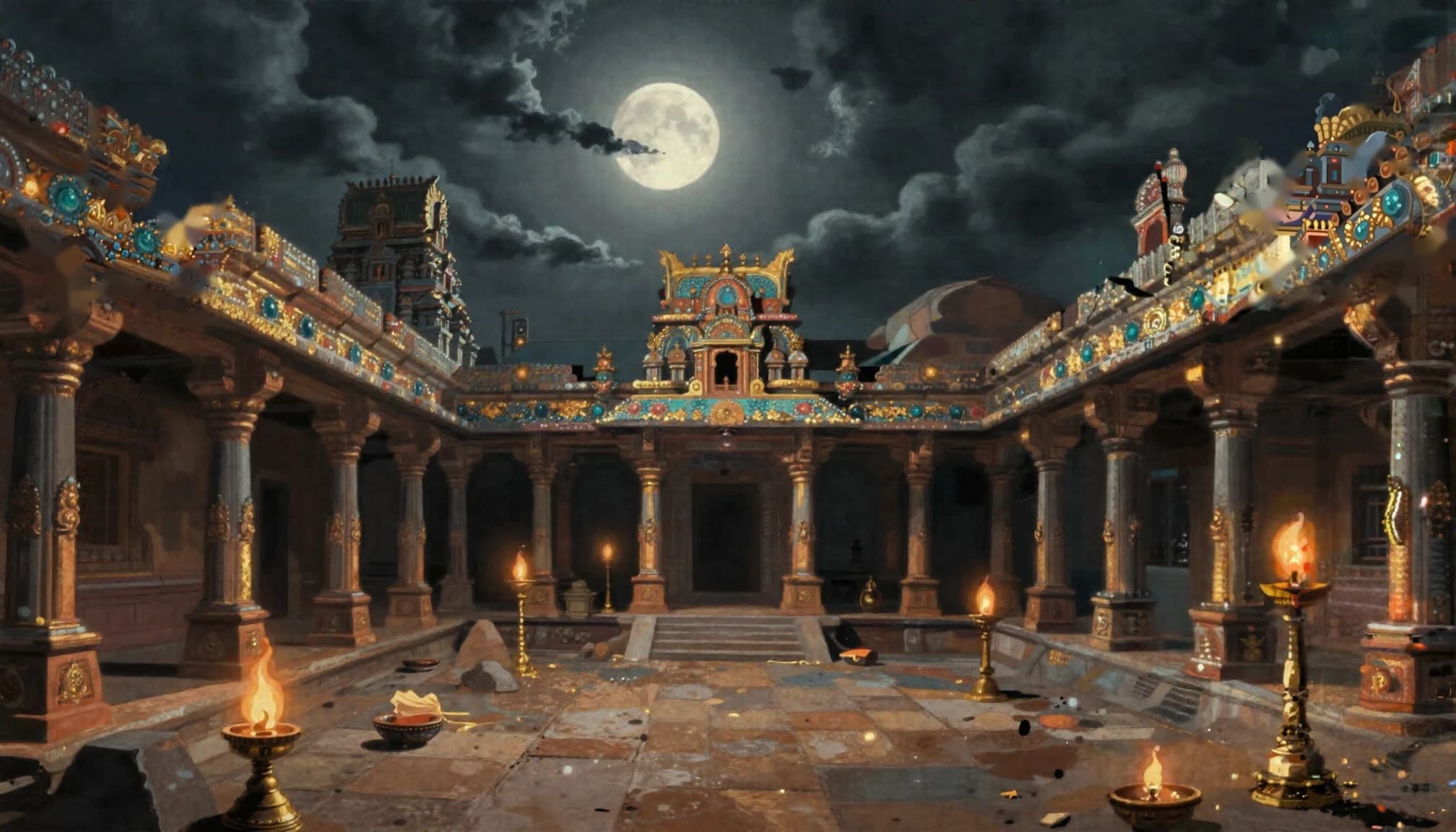Moonlit, jewel-encrusted temple arena for Vayu