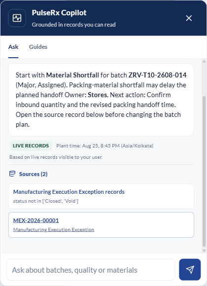 PulseRx Copilot answer panel with source records, coverage, freshness, and a suggested route