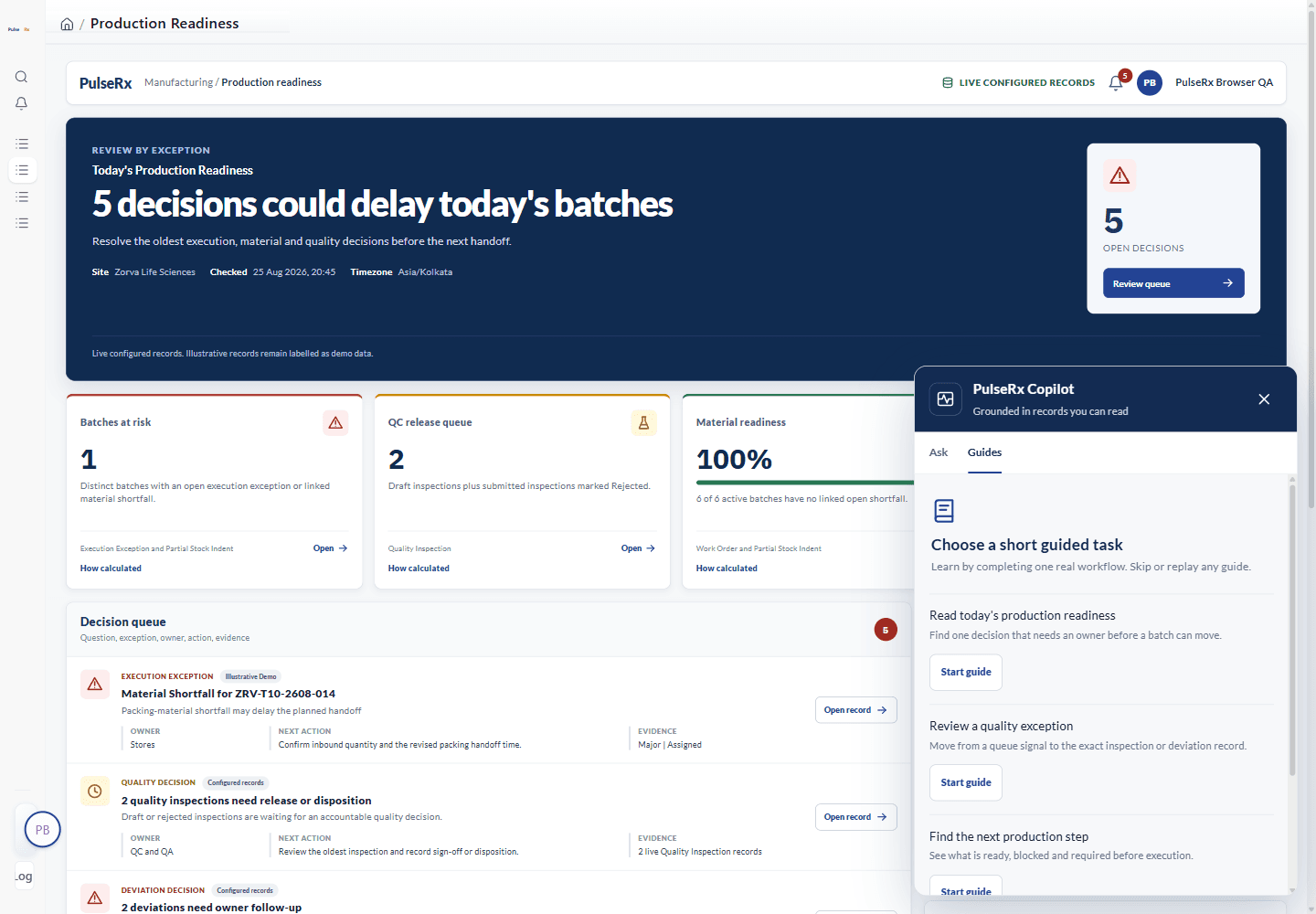 PulseRx guided onboarding on the Production Readiness screen