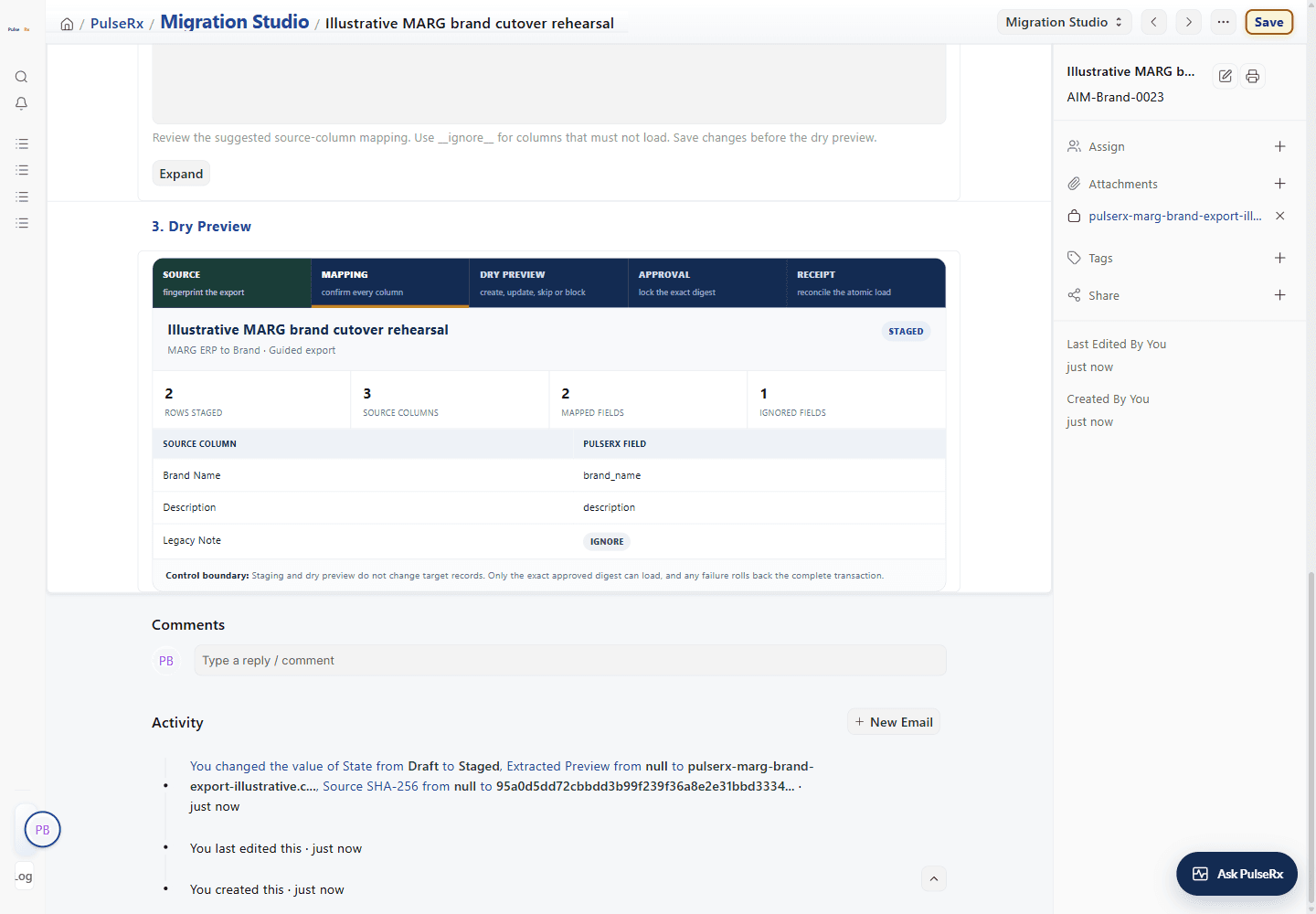 PulseRx Migration Studio mapping a legacy product-master export before dry run