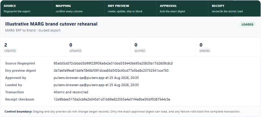 PulseRx immutable migration receipt with checksum, row counts, approver, and load result