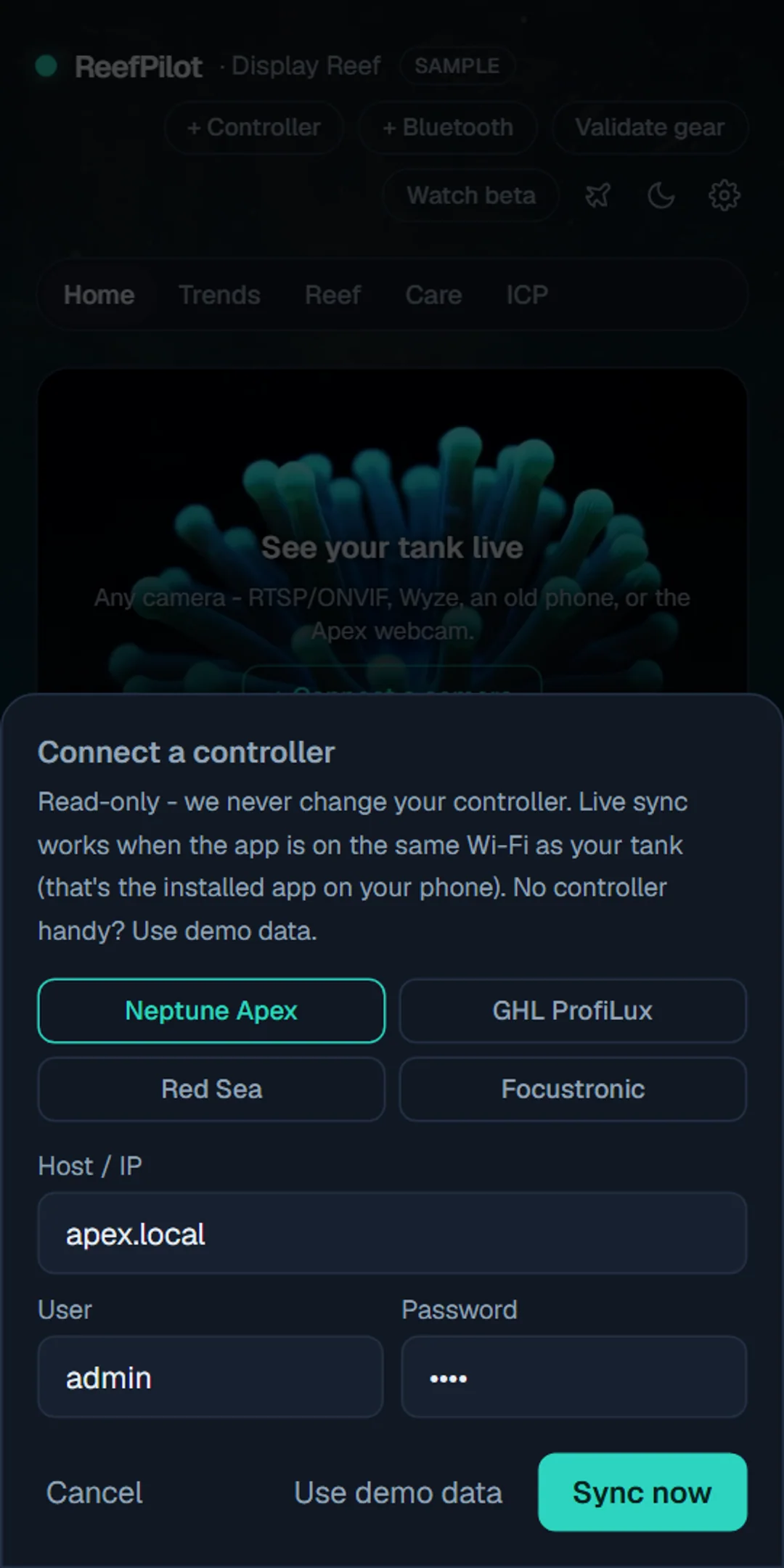 ReefPilot read-only controller connection screen