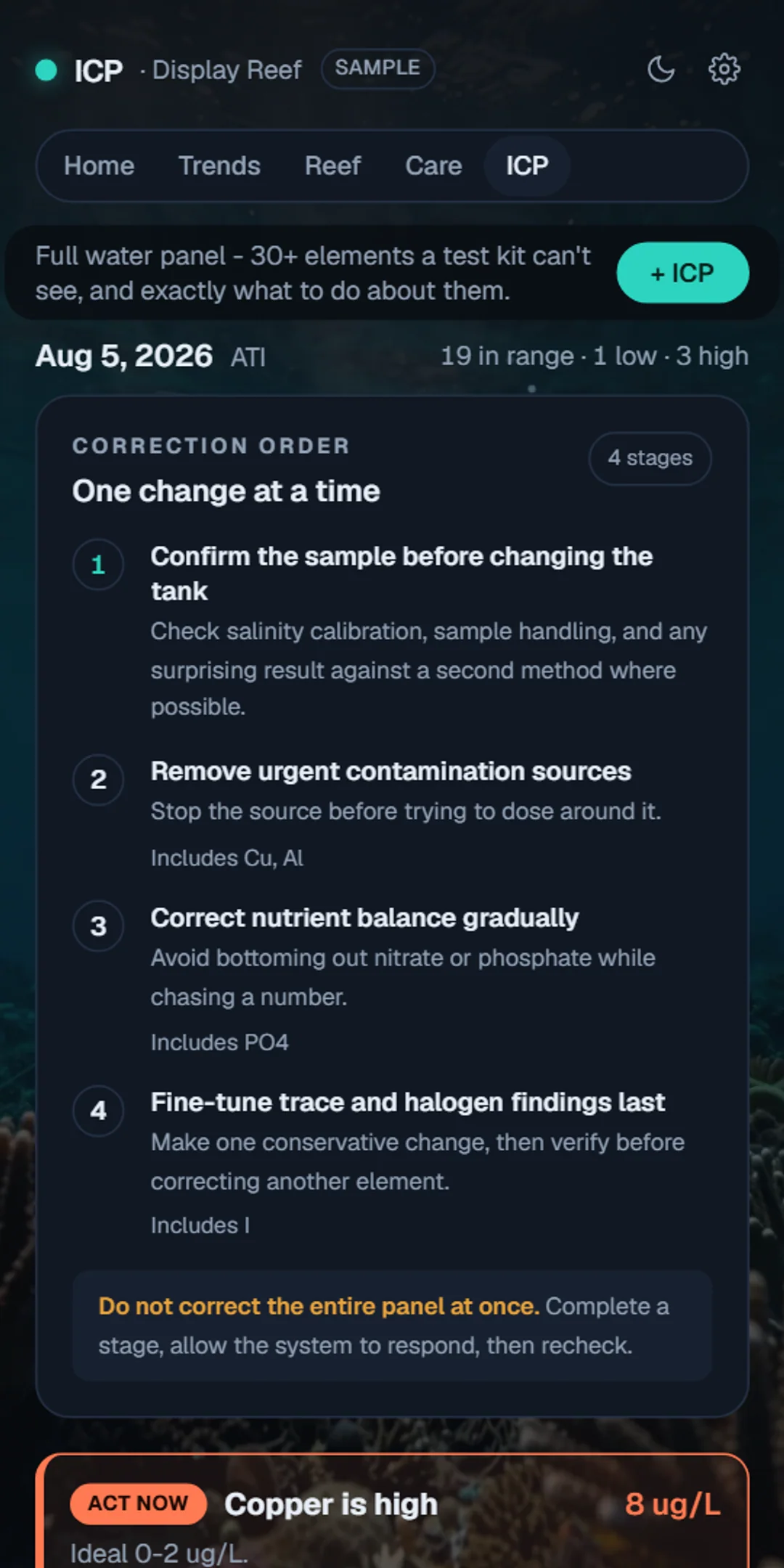 ReefPilot ICP chemistry interpretation screen
