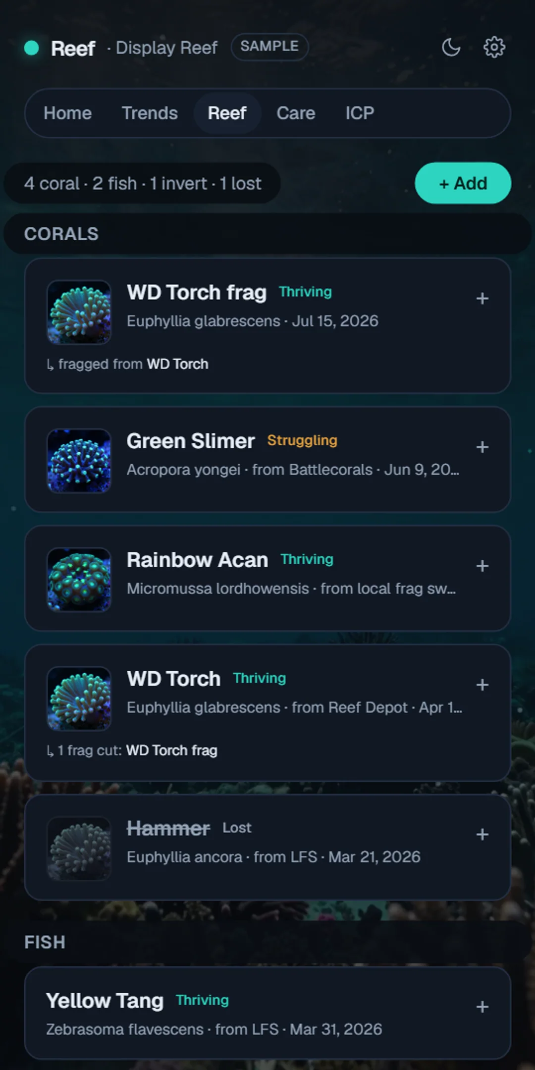 ReefPilot livestock and coral inventory