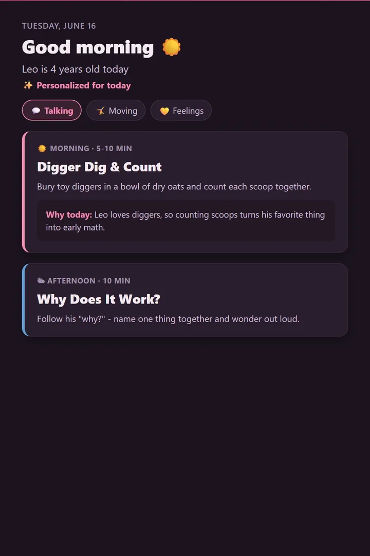 babyplan today screen showing a calm family planning interface