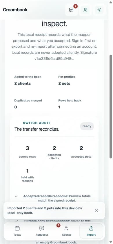 Groombook Switch Audit reconciling source rows against accepted clients and pets, with one row held back for a reason