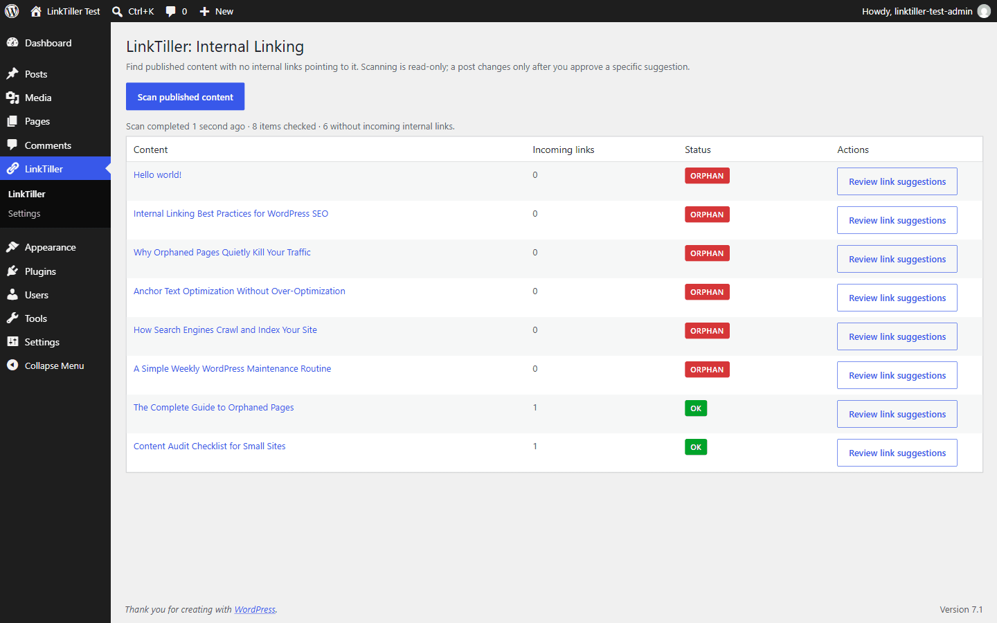 LinkTiller in WordPress 7.1 showing a completed scan with content lacking incoming links listed first