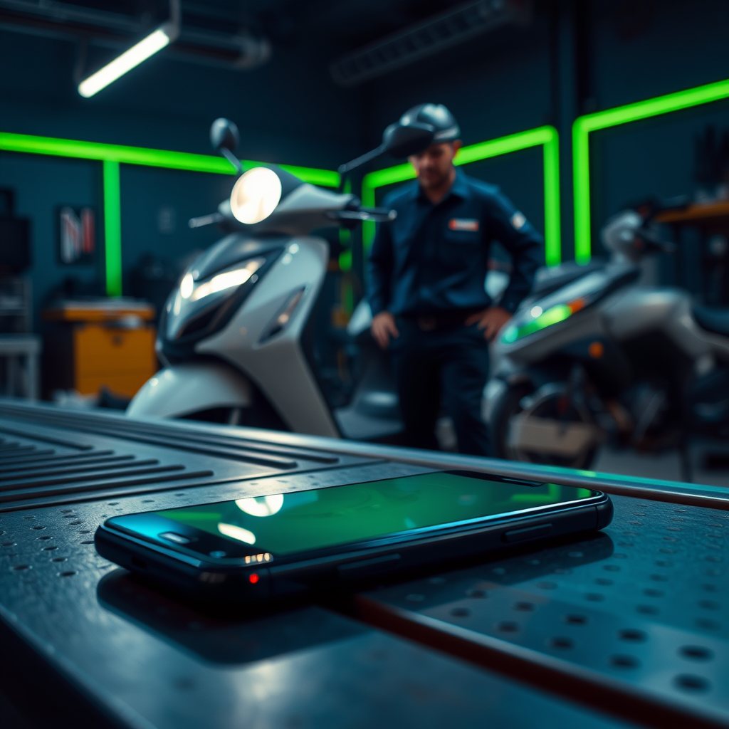 A VoltServe service workshop at dusk: technician, scooter and a phone on the workbench lighting up with a close-out message